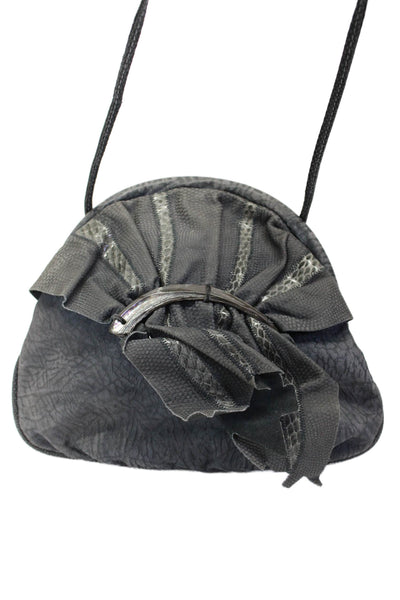 Designer Womens Suede Snakeskin Print Hinged Crossbody Shoulder Handbag Gray