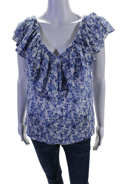 Rebecca Taylor Womens Cotton Floral Ruffled Elastic Neckline Top Blue Size 4