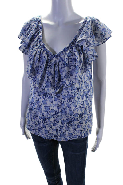 Rebecca Taylor Womens Cotton Floral Ruffled Elastic Neckline Top Blue Size 4