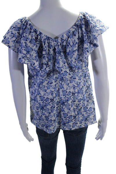 Rebecca Taylor Womens Cotton Floral Ruffled Elastic Neckline Top Blue Size 4