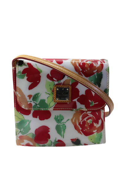 Dooney & Bourke Womens White Red Floral Flap Leather Trim Crossbody Bag Handbag