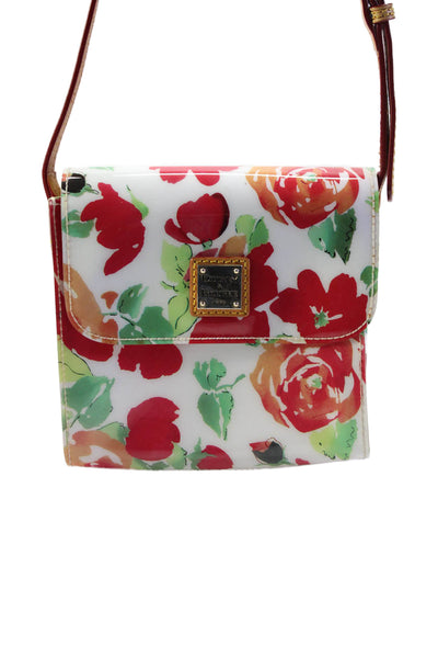 Dooney & Bourke Womens White Red Floral Flap Leather Trim Crossbody Bag Handbag