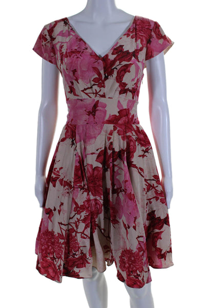 Ted Baker London Womens Cap Sleeve V Neck Silk Floral A Line Skirt Brown Pink 3