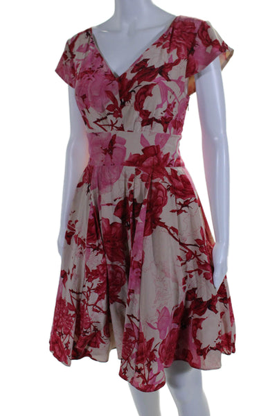 Ted Baker London Womens Cap Sleeve V Neck Silk Floral A Line Skirt Brown Pink 3