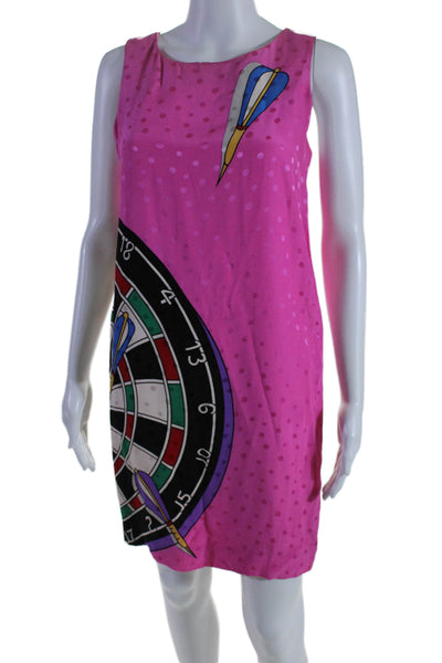 Nicole Miller Womens Silk Graphic Round Neck Sleeveless Shift Dress Pink Size 4