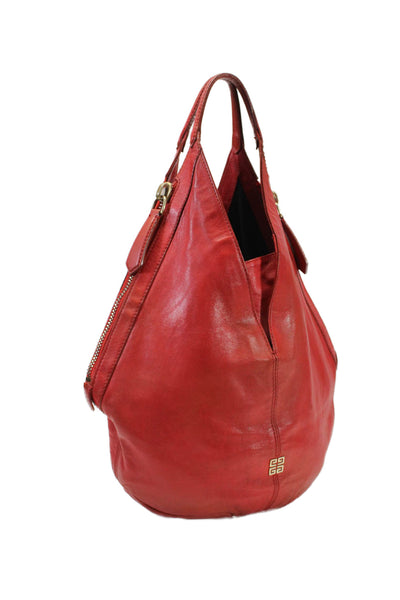 Givenchy Womens Double Handle Zipper Trim Vintage Hobo Handbag Red Leather