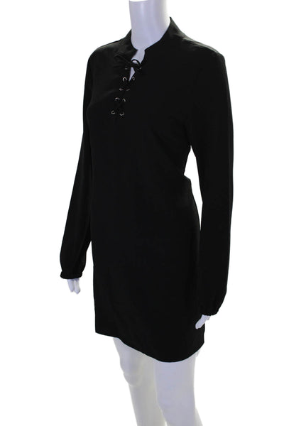 Christian Siriano Womens Lace Up Neck Long Sleeves Shirt Dress Black Size Medium