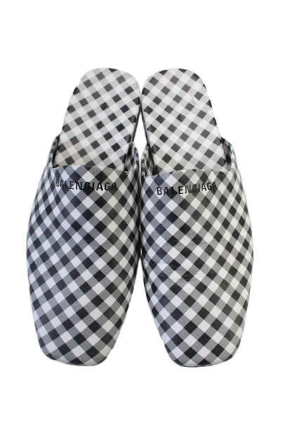 Balenciaga Womens Slip On Logo Gingham Slippers Mules Black White Size 37