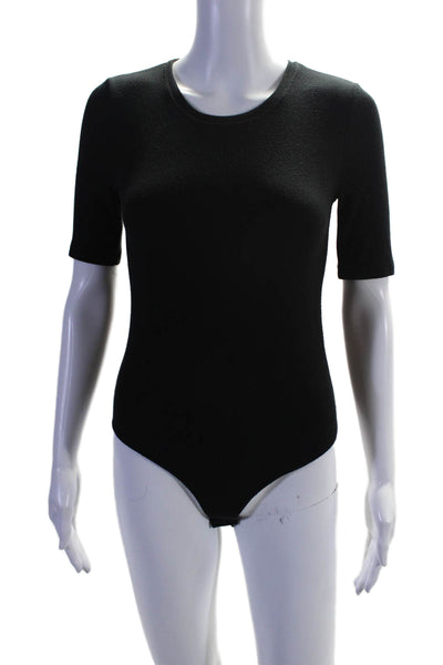 ATM Womens Button Bottom Short Sleeve Crew Neck Ribbed Knit Bodysuit Black Small