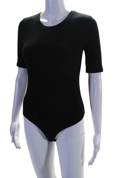 ATM Womens Button Bottom Short Sleeve Crew Neck Ribbed Knit Bodysuit Black Small