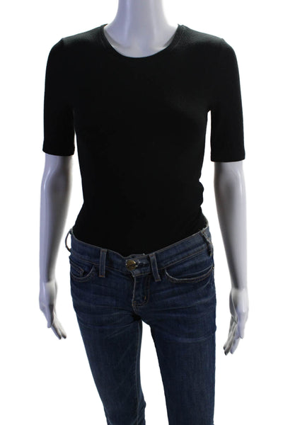 ATM Womens Button Bottom Short Sleeve Crew Neck Ribbed Knit Bodysuit Black Small