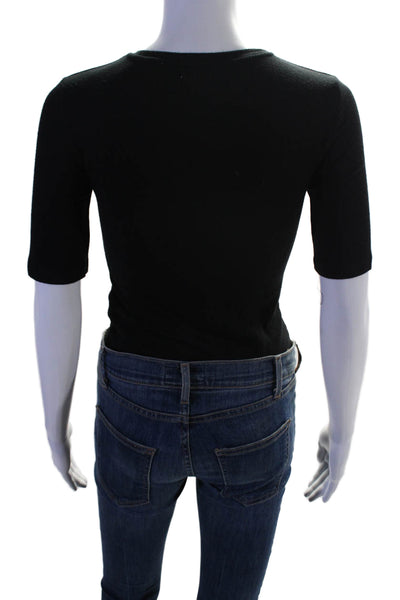 ATM Womens Button Bottom Short Sleeve Crew Neck Ribbed Knit Bodysuit Black Small