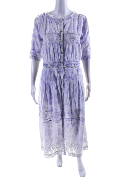 Love Shack Fancy Womens Button Front 3/4 Sleeve Tie Dyed Dress Purple Medium