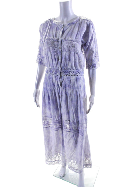 Love Shack Fancy Womens Button Front 3/4 Sleeve Tie Dyed Dress Purple Medium