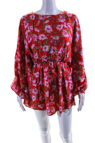 Love Shack Fancy Womens 3/4 Sleeve Scoop Neck Floral Mini Dress Red Size XS