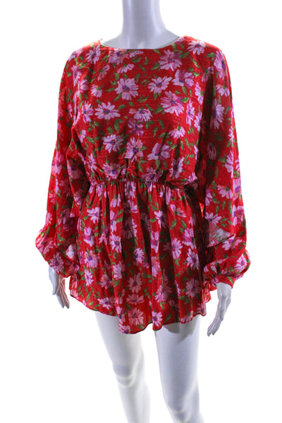 Love Shack Fancy Womens 3/4 Sleeve Scoop Neck Floral Mini Dress Red Size XS