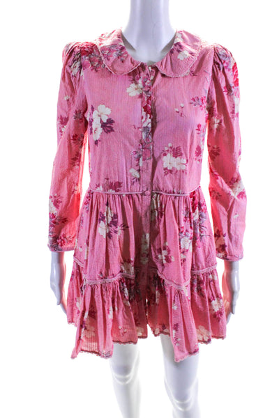 Love Shack Fancy Womens Button Front Long Sleeve Floral Mini Dress Pink Size XS