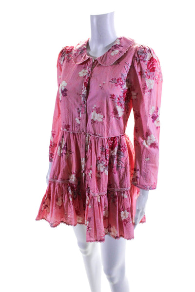 Love Shack Fancy Womens Button Front Long Sleeve Floral Mini Dress Pink Size XS