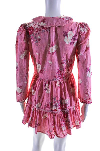 Love Shack Fancy Womens Button Front Long Sleeve Floral Mini Dress Pink Size XS