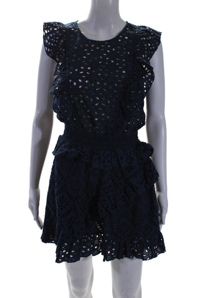 Misa Womens Cotton Sleeveless High Neck Ruffle Lace Short Dress Navy Size XS