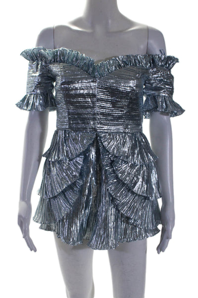 Alice McCall Womens Back Zip Metallic Pleated Tiered Romper Blue Size 4