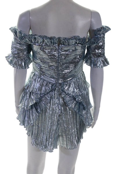 Alice McCall Womens Back Zip Metallic Pleated Tiered Romper Blue Size 4