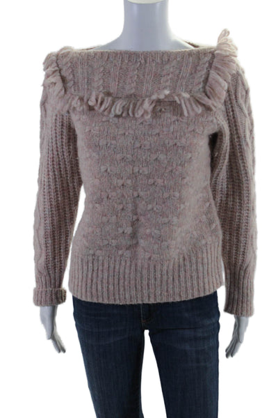 Love Shack Fancy Womens Pink Alpaca Fringe Boat Neck Pullover Sweater Top SizeXS