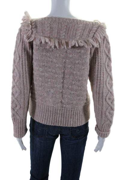 Love Shack Fancy Womens Pink Alpaca Fringe Boat Neck Pullover Sweater Top SizeXS