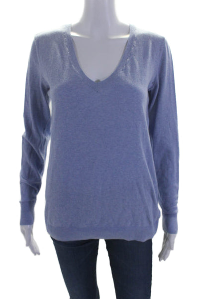 Minnie Rose Womens Long Sleeve V Neck Knit Sweatshirt Blue Cotton Size Small