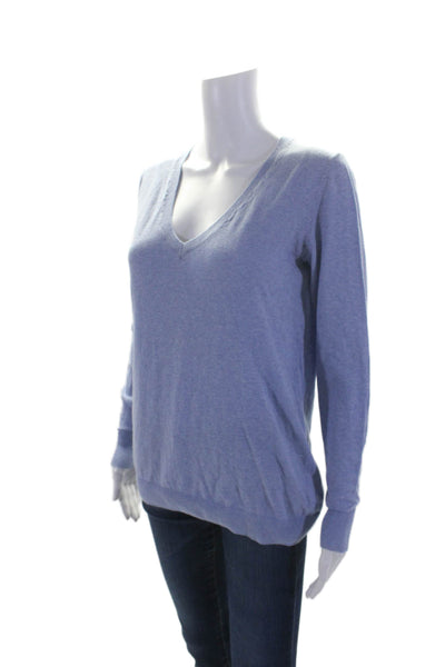 Minnie Rose Womens Long Sleeve V Neck Knit Sweatshirt Blue Cotton Size Small