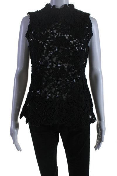 Elie Tahari Womens Cotton Floral Textured Embroidered Lace Blouse Black Size M