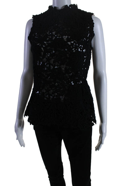 Elie Tahari Womens Cotton Floral Textured Embroidered Lace Blouse Black Size M