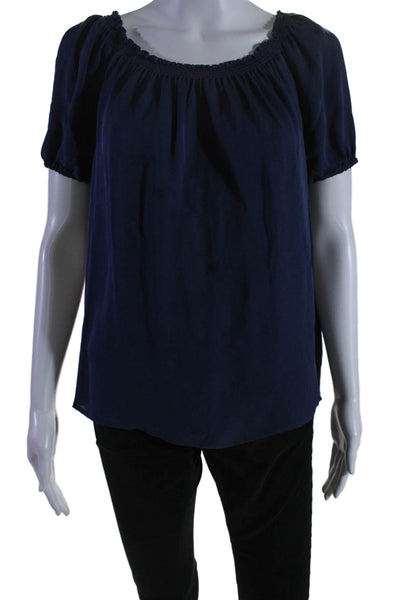 Joie Womens Silk Short Sleeves Smocked Pullover Blouse Navy Blue Size Small