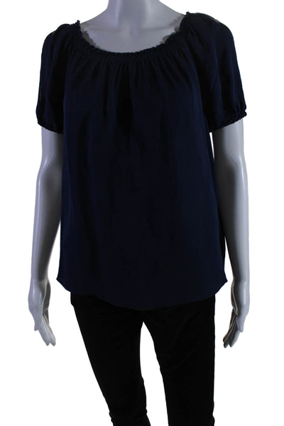 Joie Womens Silk Short Sleeves Smocked Pullover Blouse Navy Blue Size Small