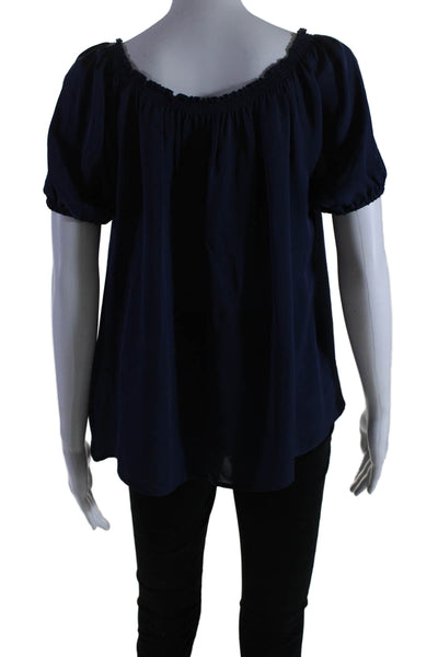 Joie Womens Silk Short Sleeves Smocked Pullover Blouse Navy Blue Size Small