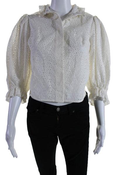 Sandro Women's High Neck Short Sleeves Lace Button Up Blouse Beige Size XS