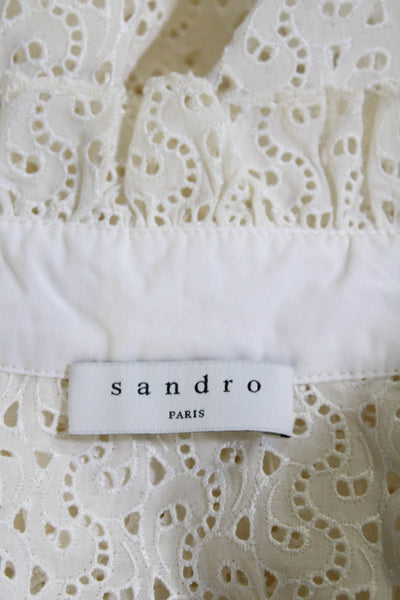 Sandro Women's High Neck Short Sleeves Lace Button Up Blouse Beige Size XS