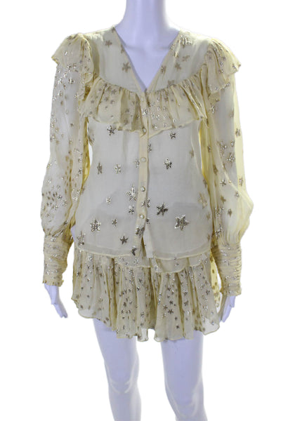 Love Shack Fancy Womens Metallic Silk Blouse Top + Skirt Set Yellow Size XS