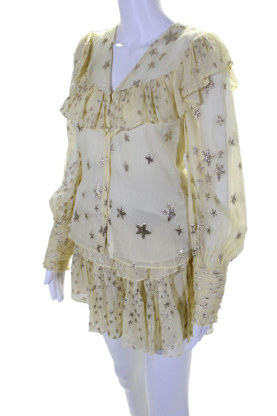 Love Shack Fancy Womens Metallic Silk Blouse Top + Skirt Set Yellow Size XS