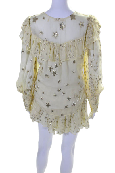 Love Shack Fancy Womens Metallic Silk Blouse Top + Skirt Set Yellow Size XS