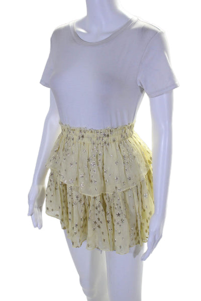 Love Shack Fancy Womens Metallic Silk Blouse Top + Skirt Set Yellow Size XS