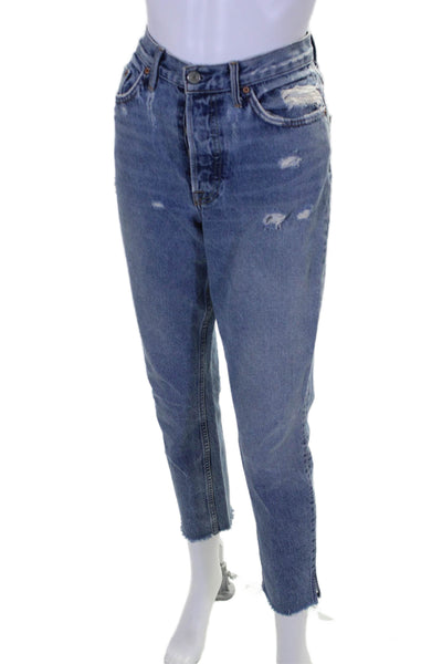 Grlfrnd Womens Blue Medium Wash Distress High Rise Straight Leg Jeans Size 27