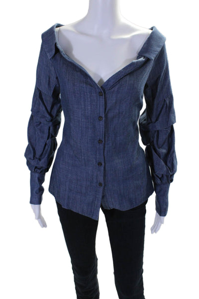 Intermix Womens Blue Chambray Off Shoulder Ruched Long Sleeve Blouse Top Size S