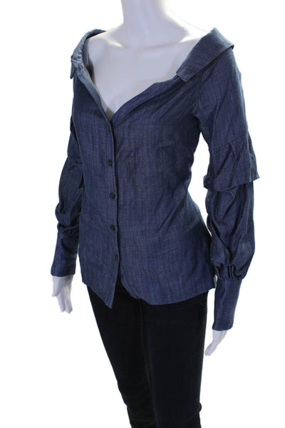 Intermix Womens Blue Chambray Off Shoulder Ruched Long Sleeve Blouse Top Size S