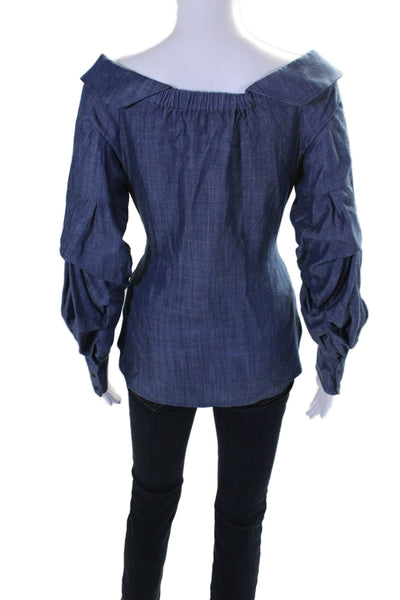 Intermix Womens Blue Chambray Off Shoulder Ruched Long Sleeve Blouse Top Size S