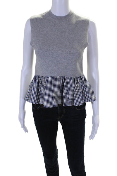 Harvey Faircloth Womens Gray Cotton Blend Navy Check Peplum Blouse Top Size XS