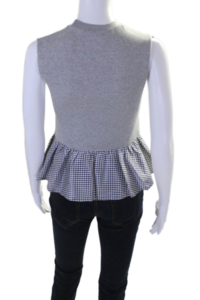 Harvey Faircloth Womens Gray Cotton Blend Navy Check Peplum Blouse Top Size XS