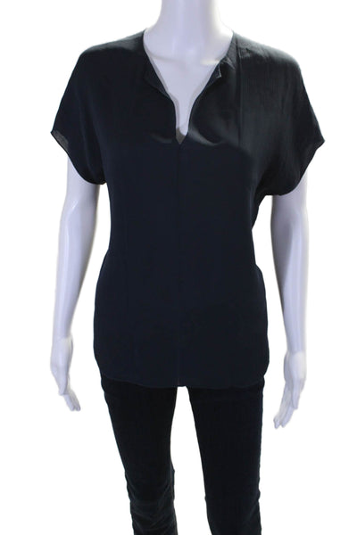 Vince Womens Short Sleeve Pleated Relaxed Fit V Neck Blouse Navy Size XS