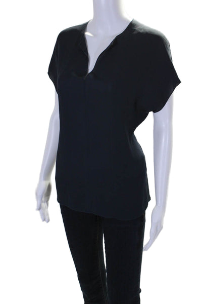 Vince Womens Short Sleeve Pleated Relaxed Fit V Neck Blouse Navy Size XS