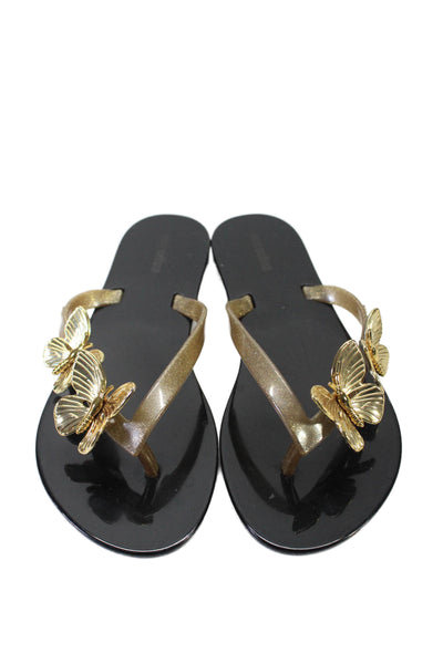 Mini Melissa Girls T-Straps Butterfly Flat Sandals Gold Black Size 4